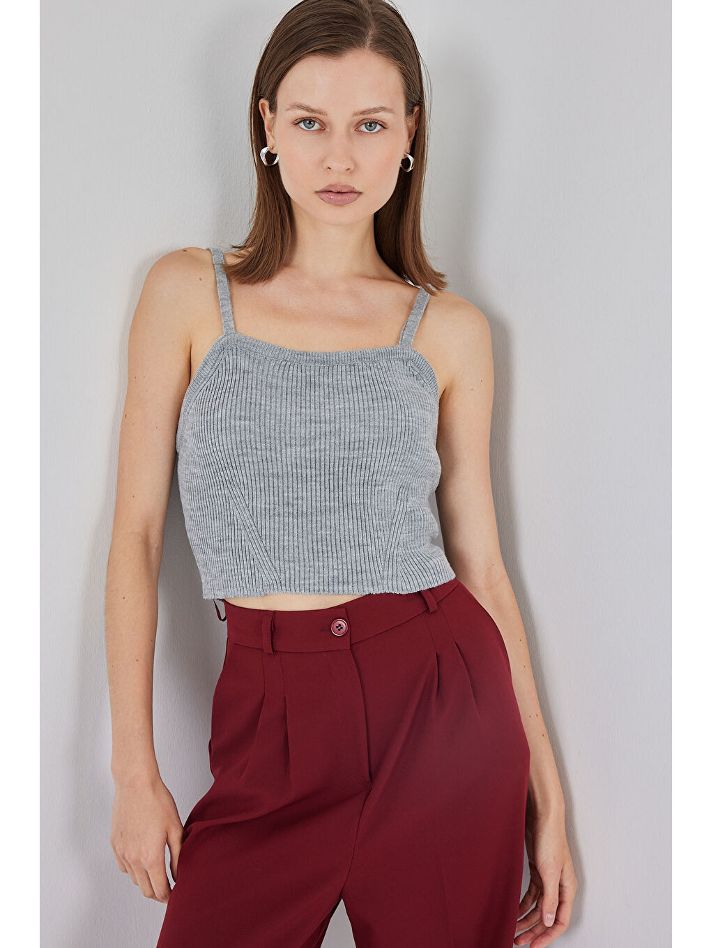Kadın Askılı Crop Top Bluz 15934 - Gri