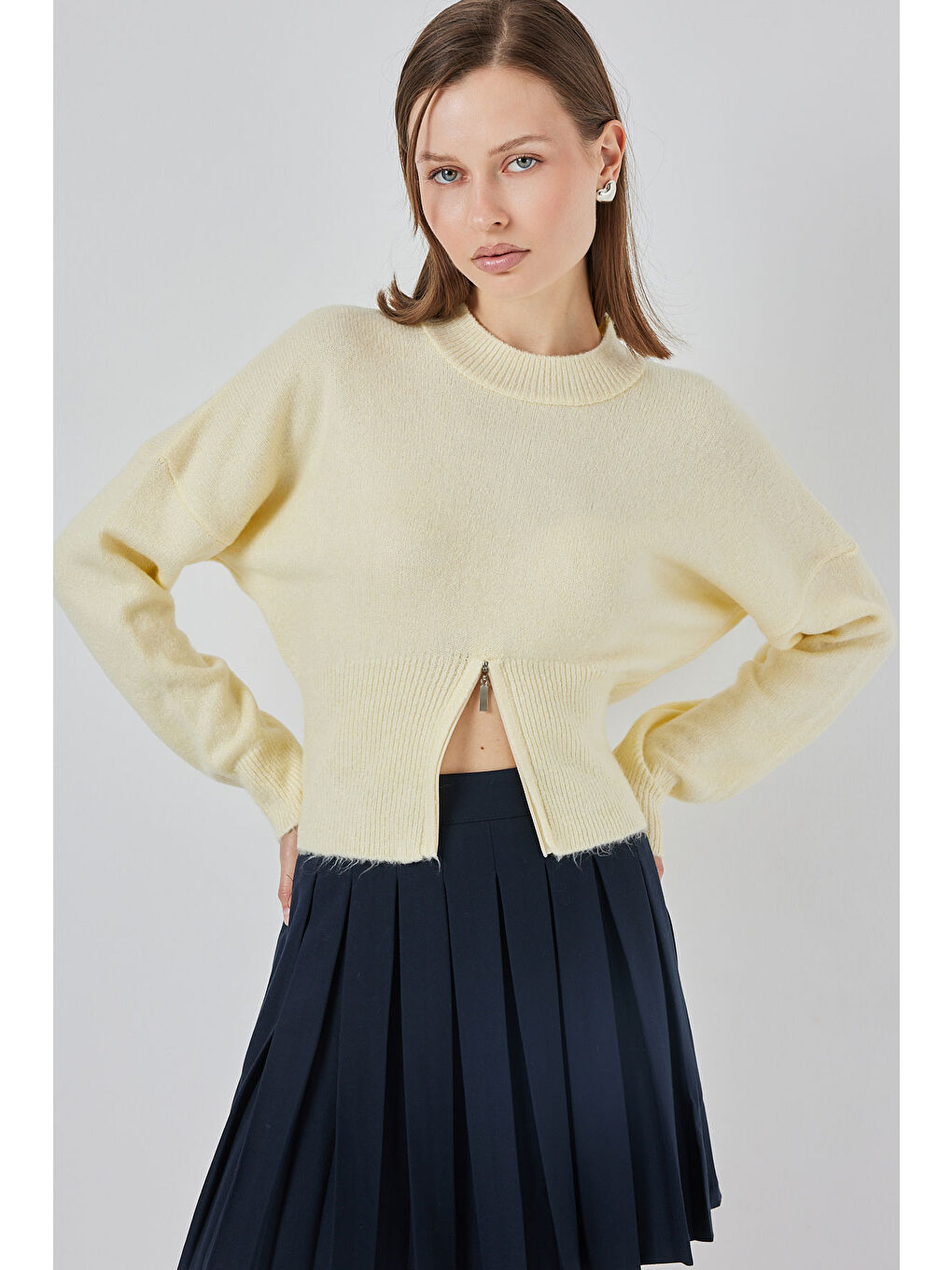 Kadın Fermuarlı Triko Kazak 15937 - Sarı