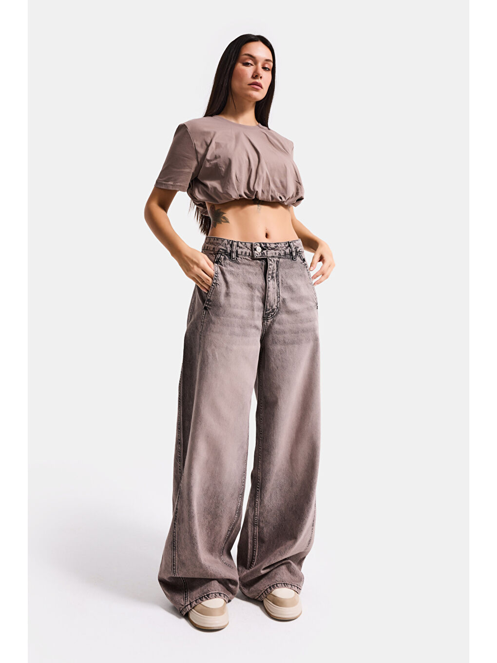 Kadın Açık Antrasit s6-16 Crop Balon Fit T-Shirt-3