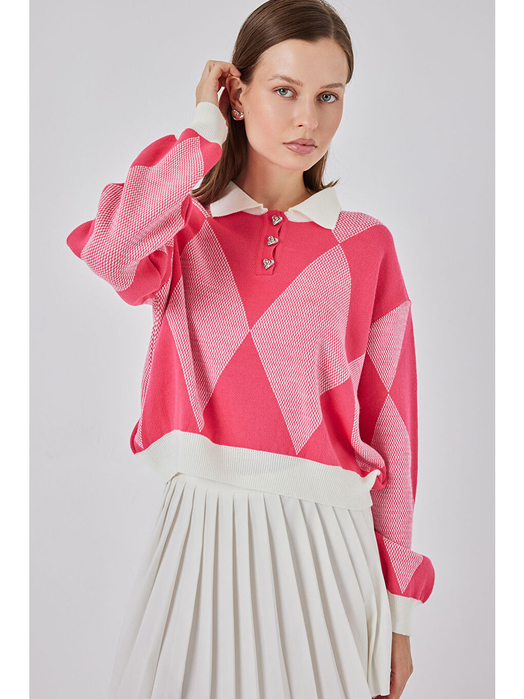 Kadın Crop Triko Kazak 15936 - C. Pembe-1