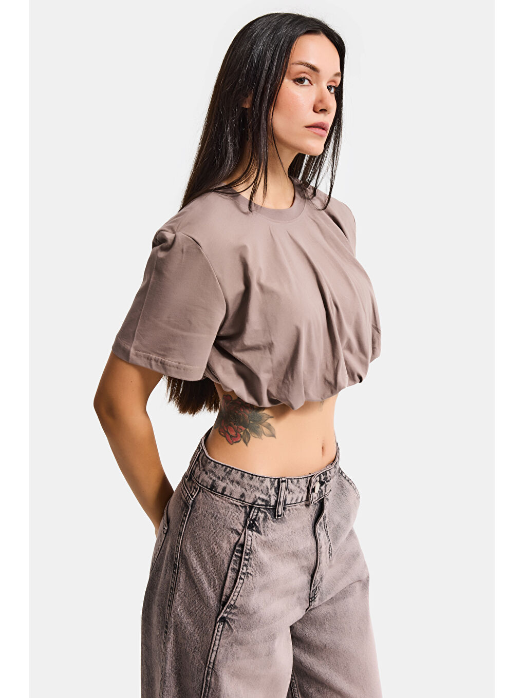Kadın Açık Antrasit s6-16 Crop Balon Fit T-Shirt-4