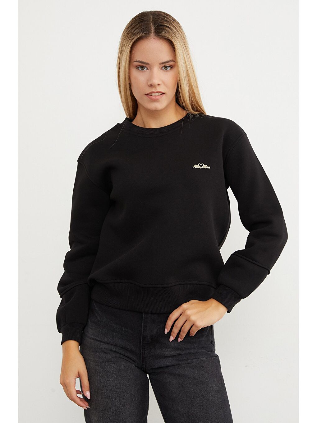 Siyah 3 İplik Metal Aksesuarlı Bisiklet Yaka Sweatshirt-2