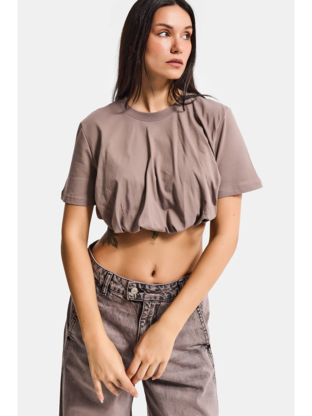 Kadın Açık Antrasit s6-16 Crop Balon Fit T-Shirt-5