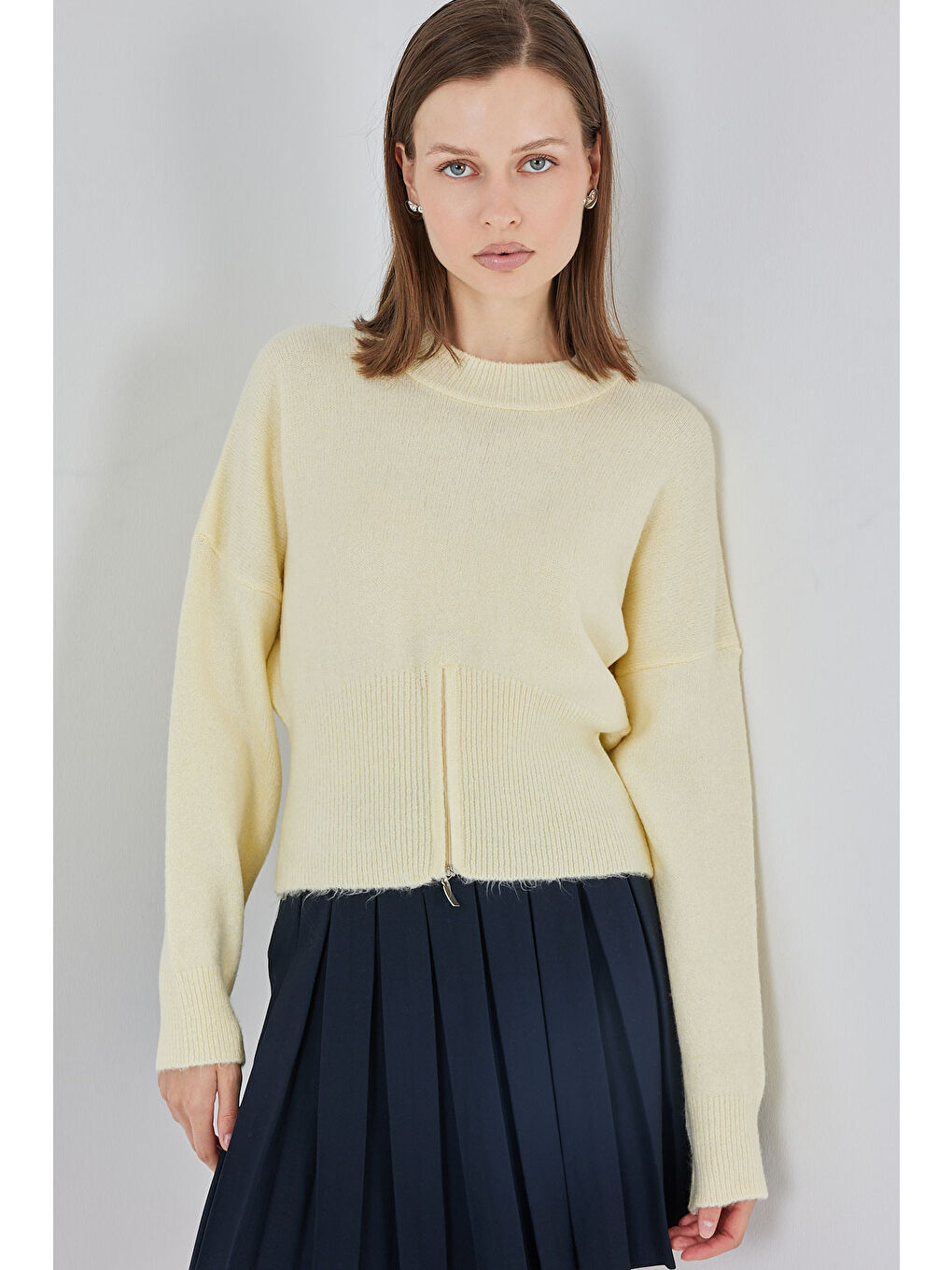 Kadın Fermuarlı Triko Kazak 15937 - Sarı-2