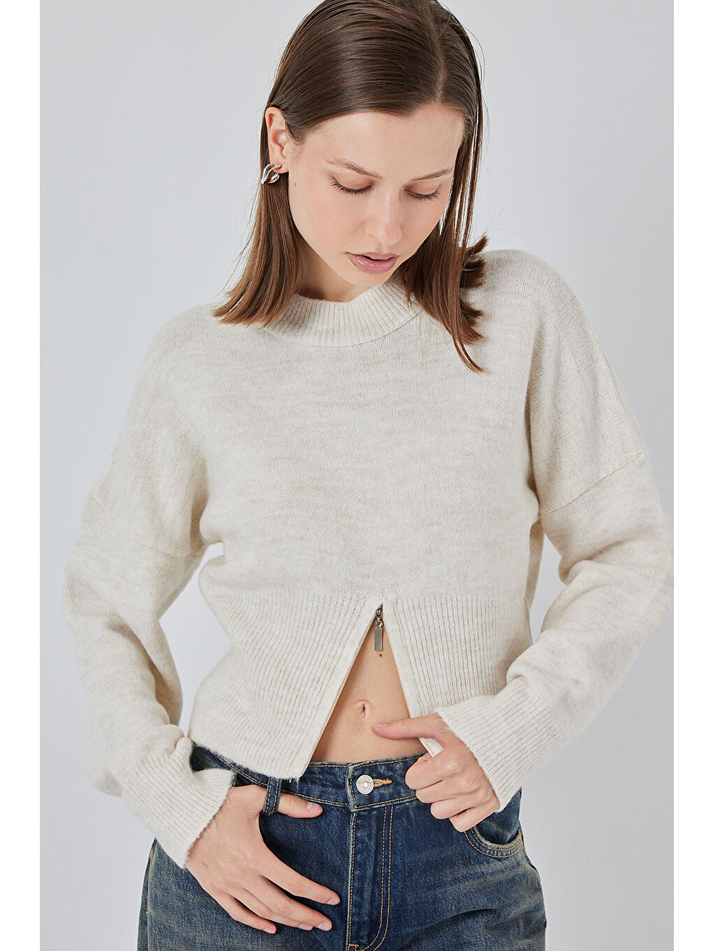 Kadın Fermuarlı Triko Kazak 15937 - Ekru