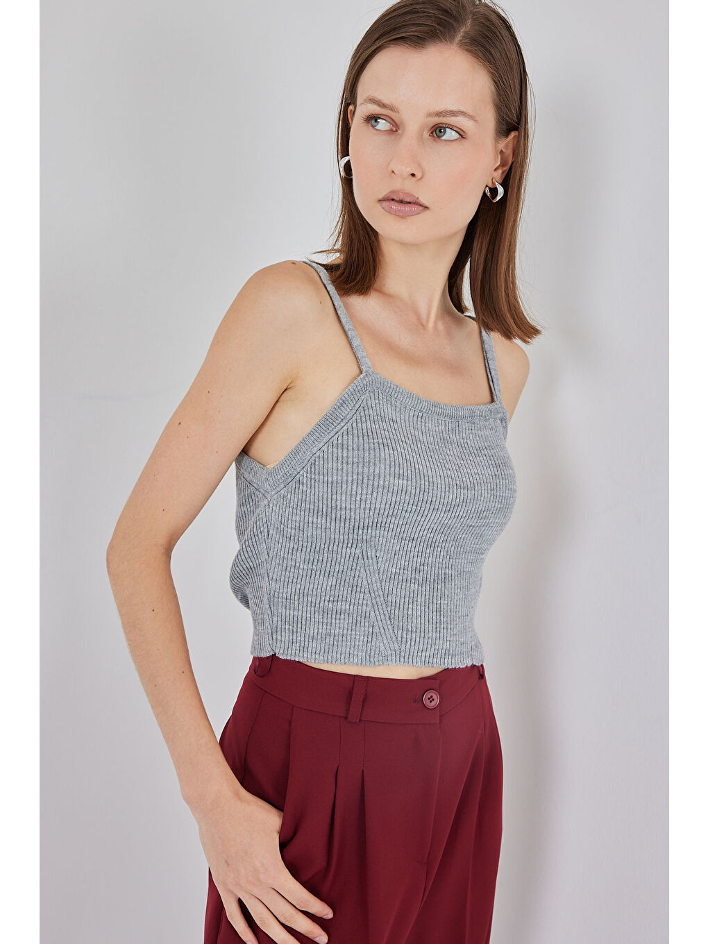 Kadın Askılı Crop Top Bluz 15934 - Gri-2