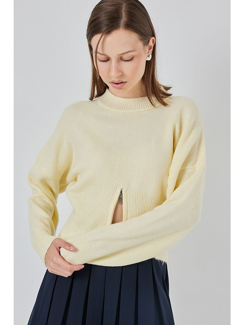 Kadın Fermuarlı Triko Kazak 15937 - Sarı-3