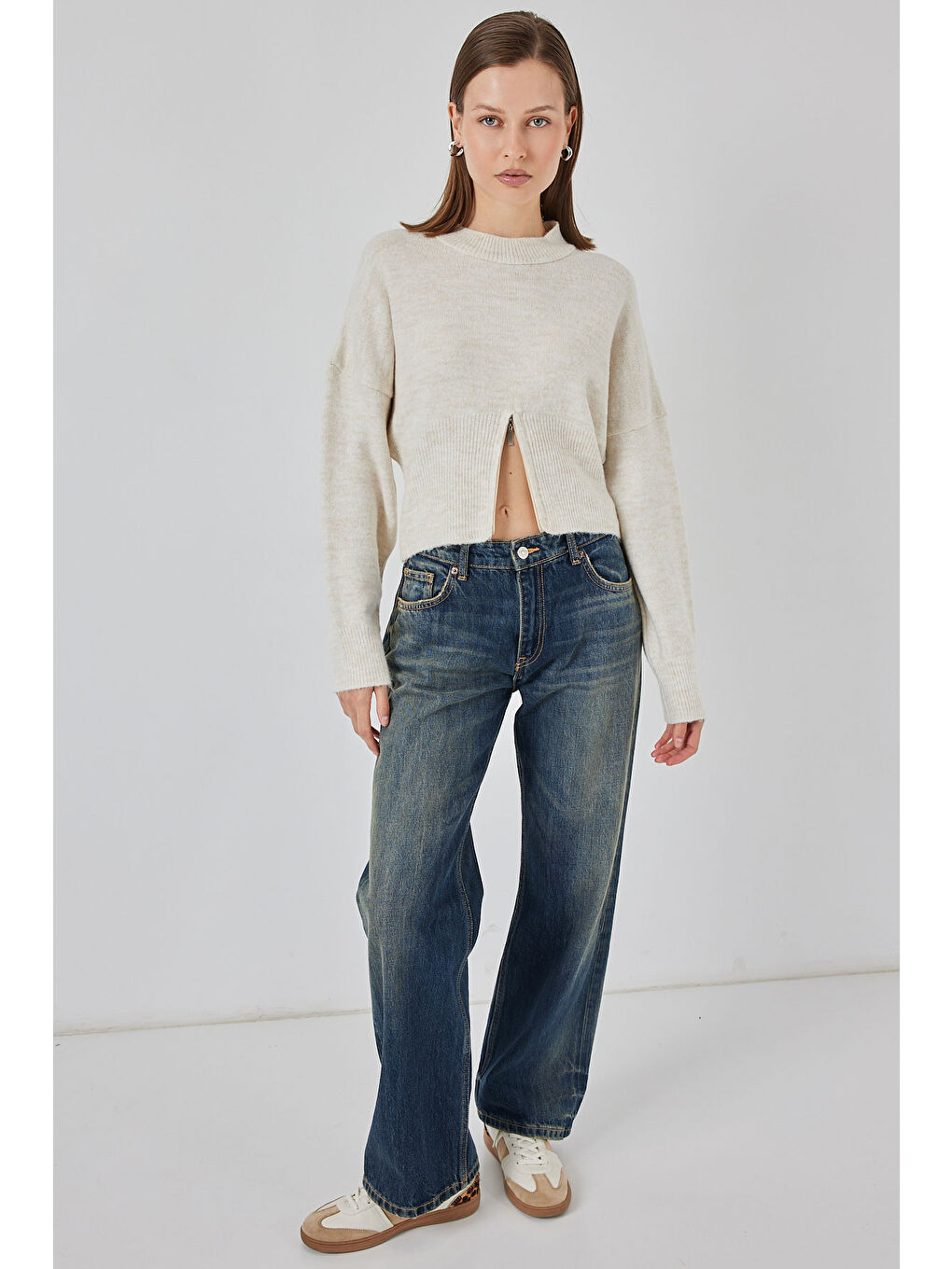 Kadın Fermuarlı Triko Kazak 15937 - Ekru-1