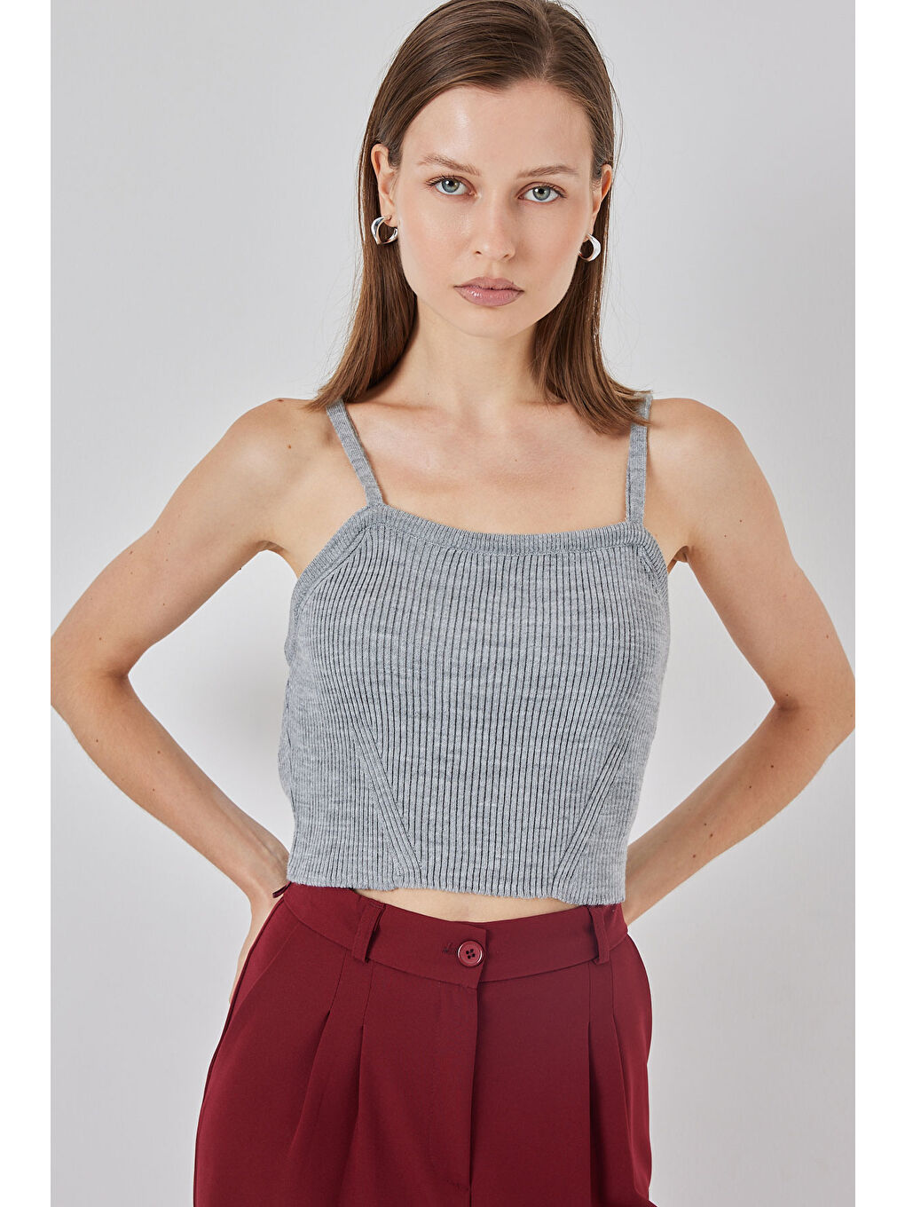 Kadın Askılı Crop Top Bluz 15934 - Gri-3
