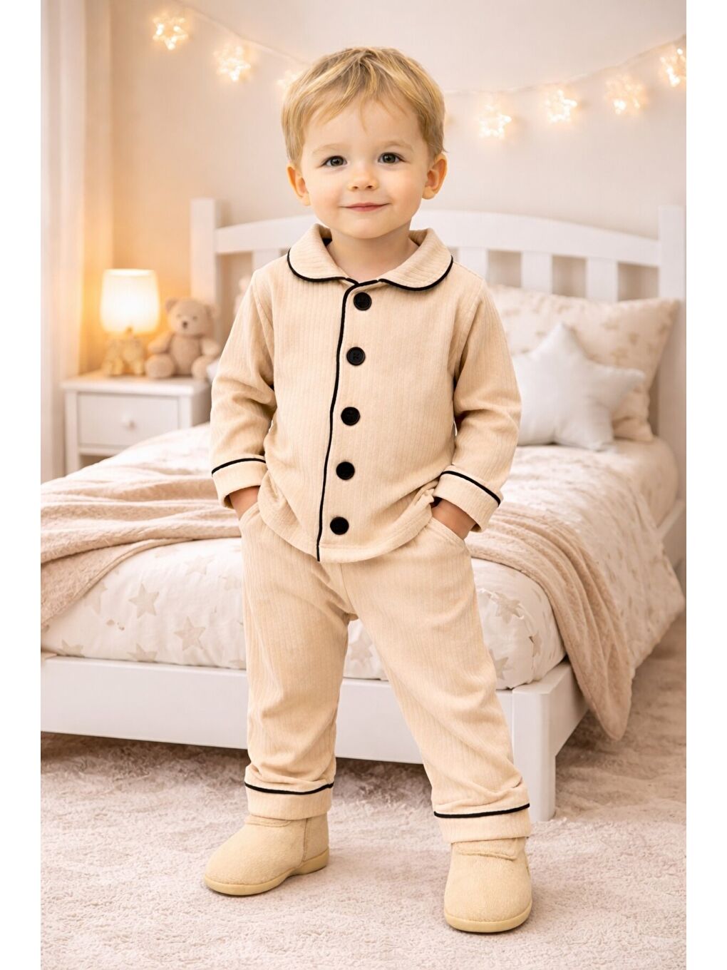 Bej Bebek Düğmeli Pijama Takımı Yumuşak Kumaş Uzun Kollu