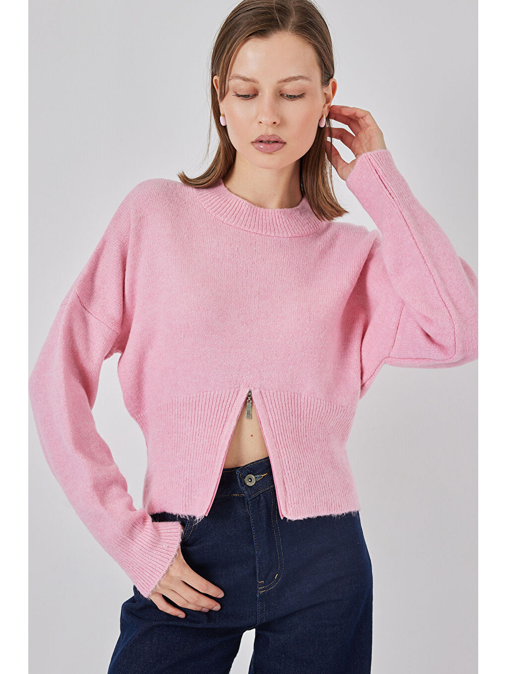 Kadın Fermuarlı Triko Kazak 15937 - Pembe
