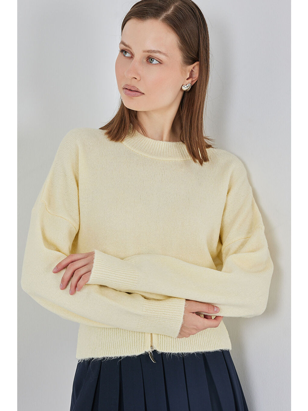 Kadın Fermuarlı Triko Kazak 15937 - Sarı-4