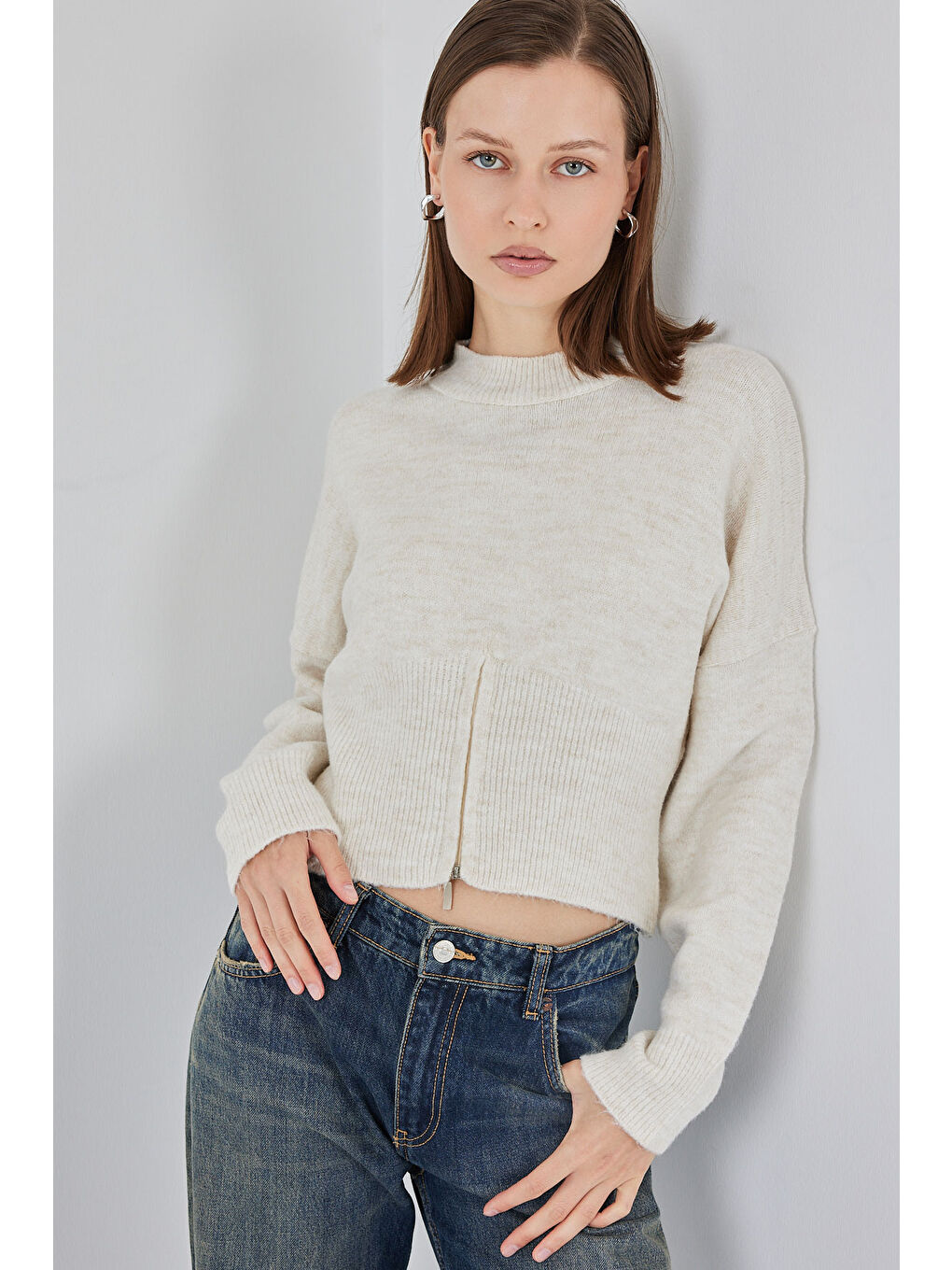 Kadın Fermuarlı Triko Kazak 15937 - Ekru-2