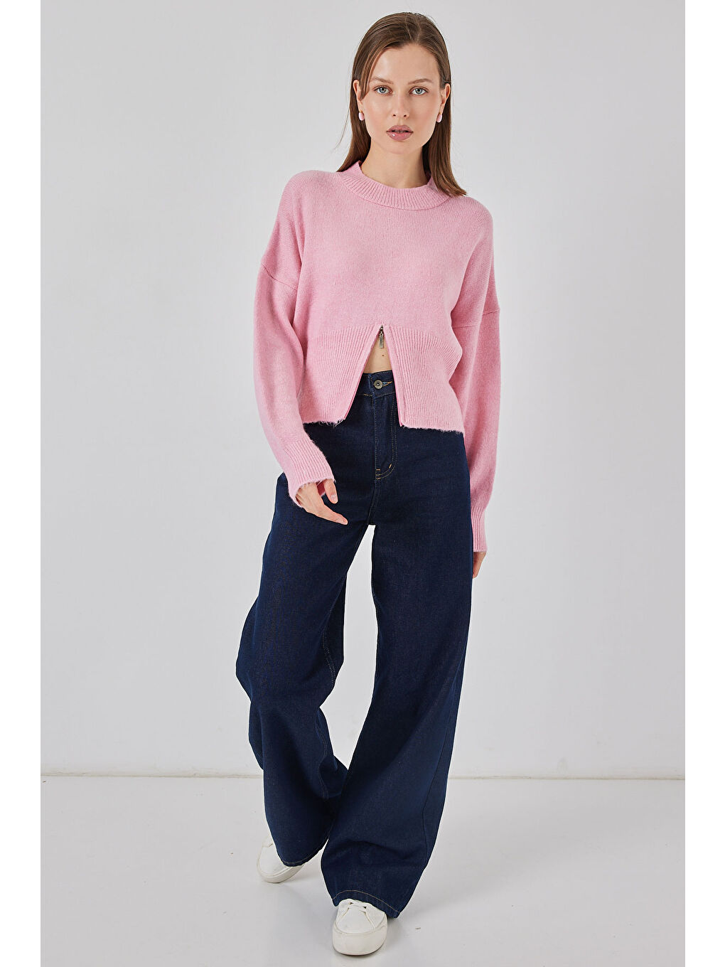 Kadın Fermuarlı Triko Kazak 15937 - Pembe-1