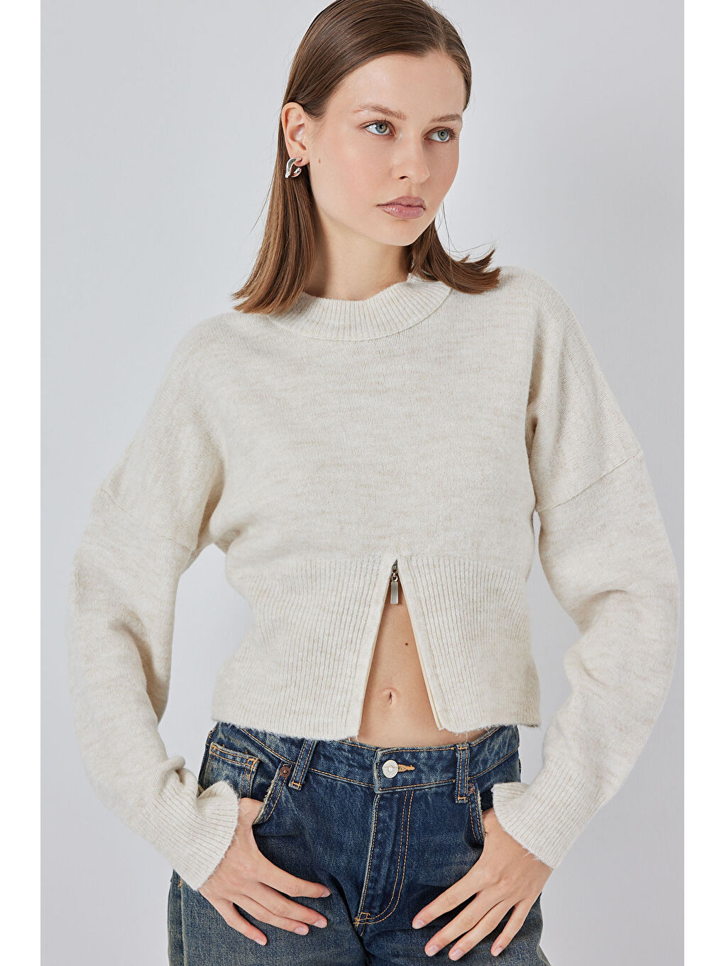 Kadın Fermuarlı Triko Kazak 15937 - Ekru-3