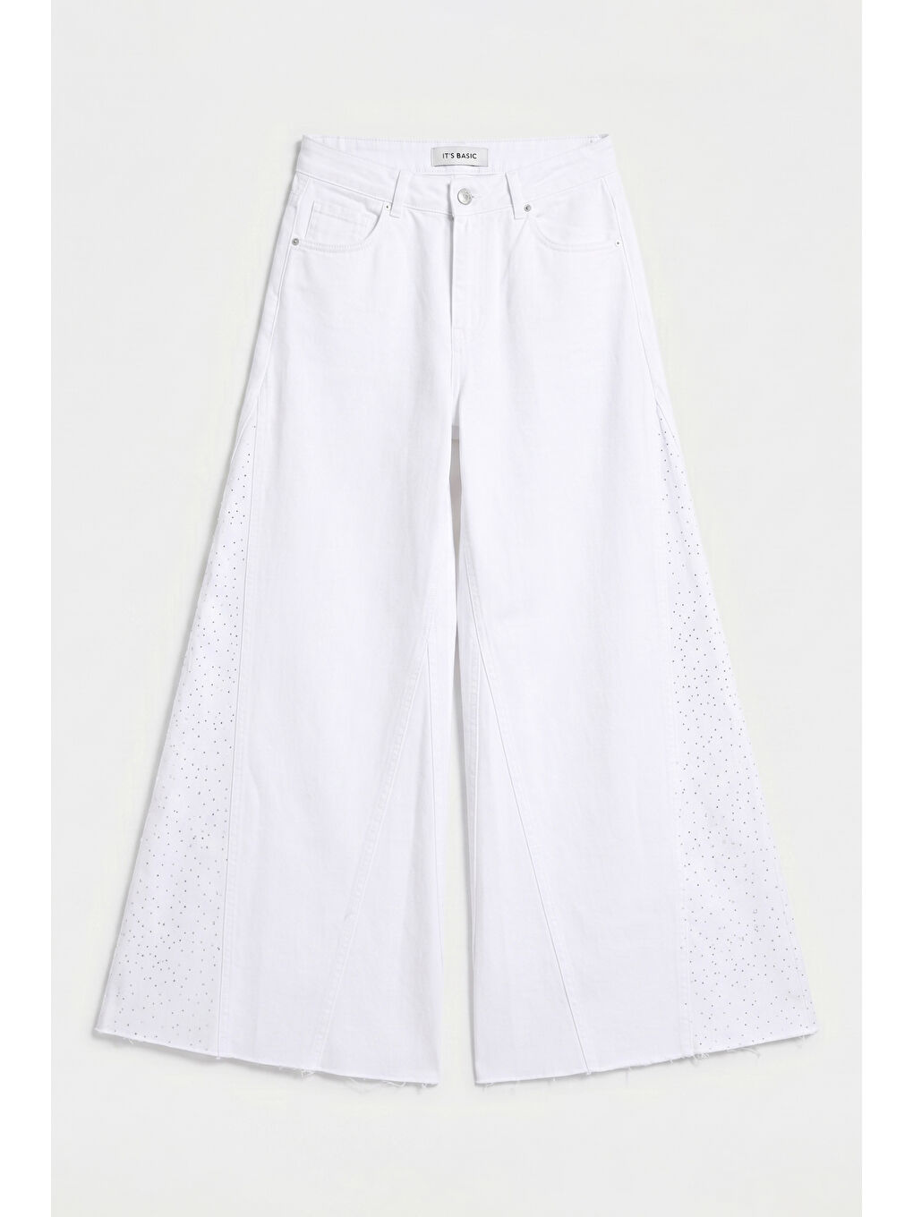 Kadın Beyaz T-5s6-2 Palazzo Fit Orta Bel Paça Parlak Taş Detaylı Özel Tasarım Denim Jean-5