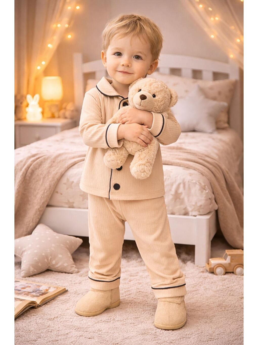 Bej Bebek Düğmeli Pijama Takımı Yumuşak Kumaş Uzun Kollu-1