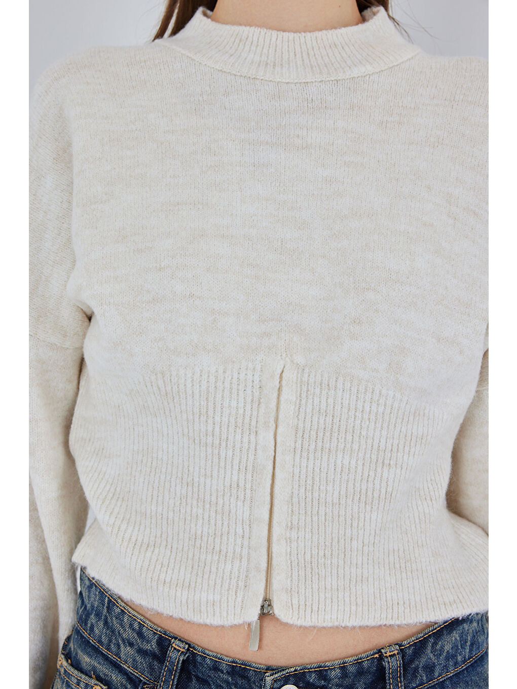 Kadın Fermuarlı Triko Kazak 15937 - Ekru-4
