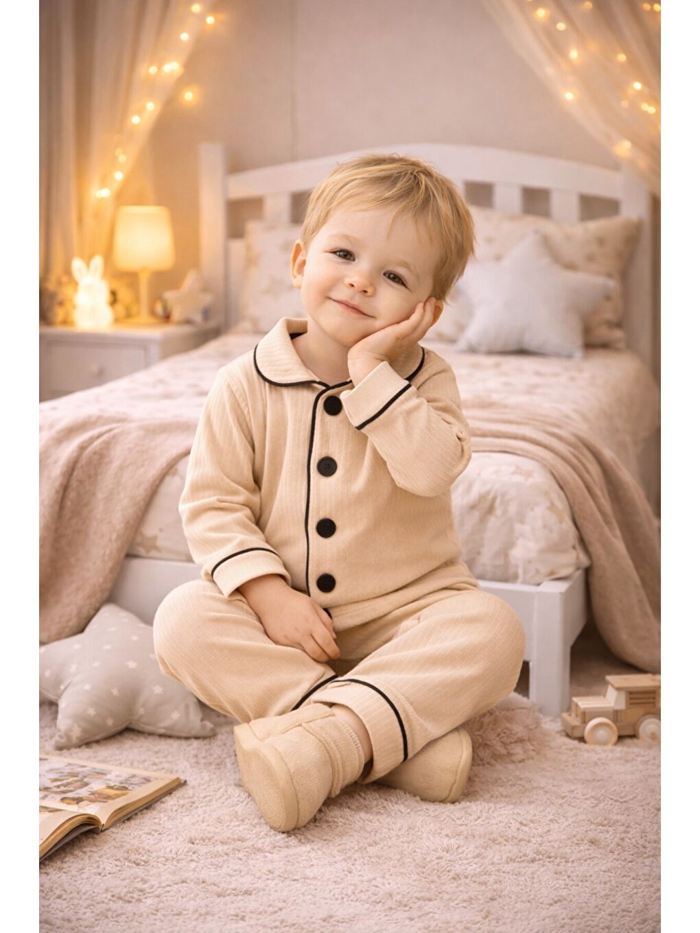 Bej Bebek Düğmeli Pijama Takımı Yumuşak Kumaş Uzun Kollu-2