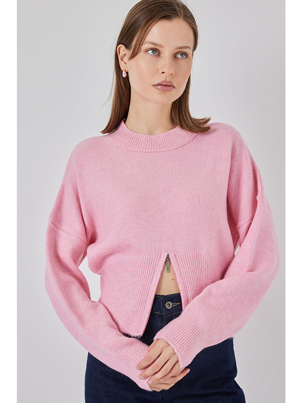 Kadın Fermuarlı Triko Kazak 15937 - Pembe-3