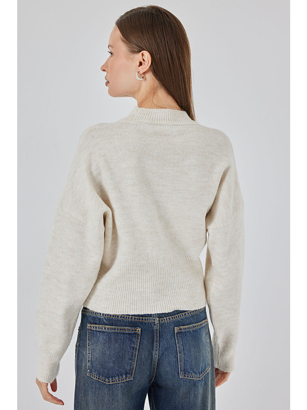 Kadın Fermuarlı Triko Kazak 15937 - Ekru-5