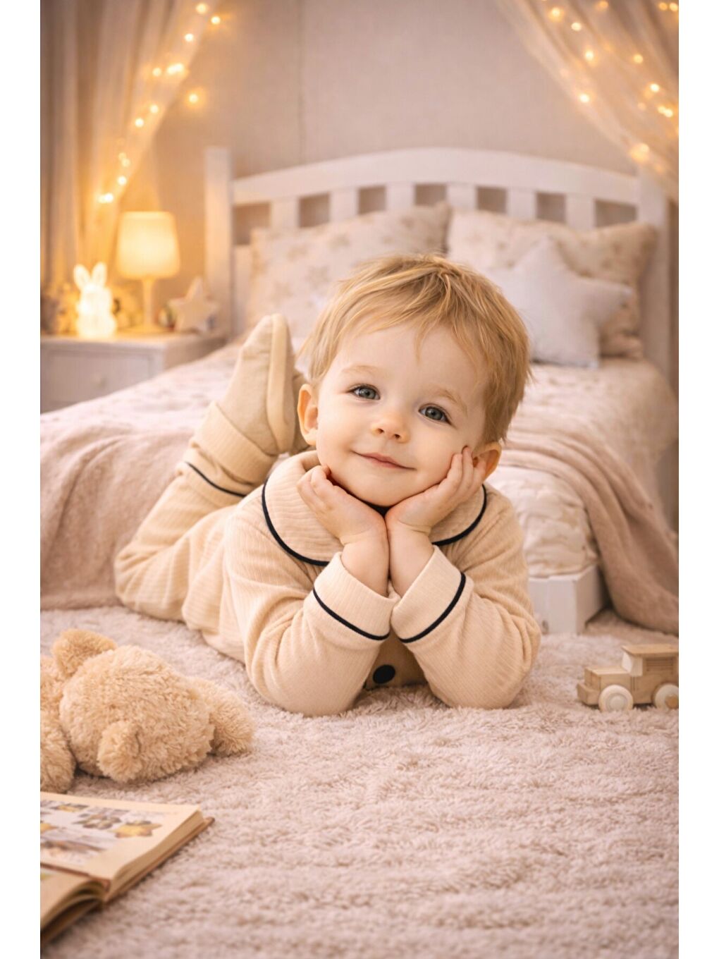 Bej Bebek Düğmeli Pijama Takımı Yumuşak Kumaş Uzun Kollu-3