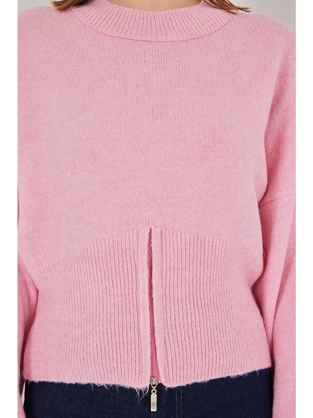 Kadın Fermuarlı Triko Kazak 15937 - Pembe-4