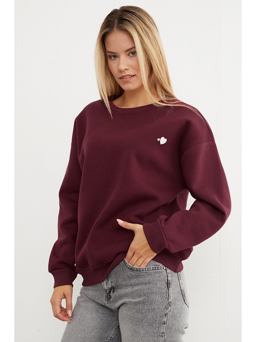 Bordo 3 İplik Kalp Baskılı Bisiklet Yaka Sweatshirt