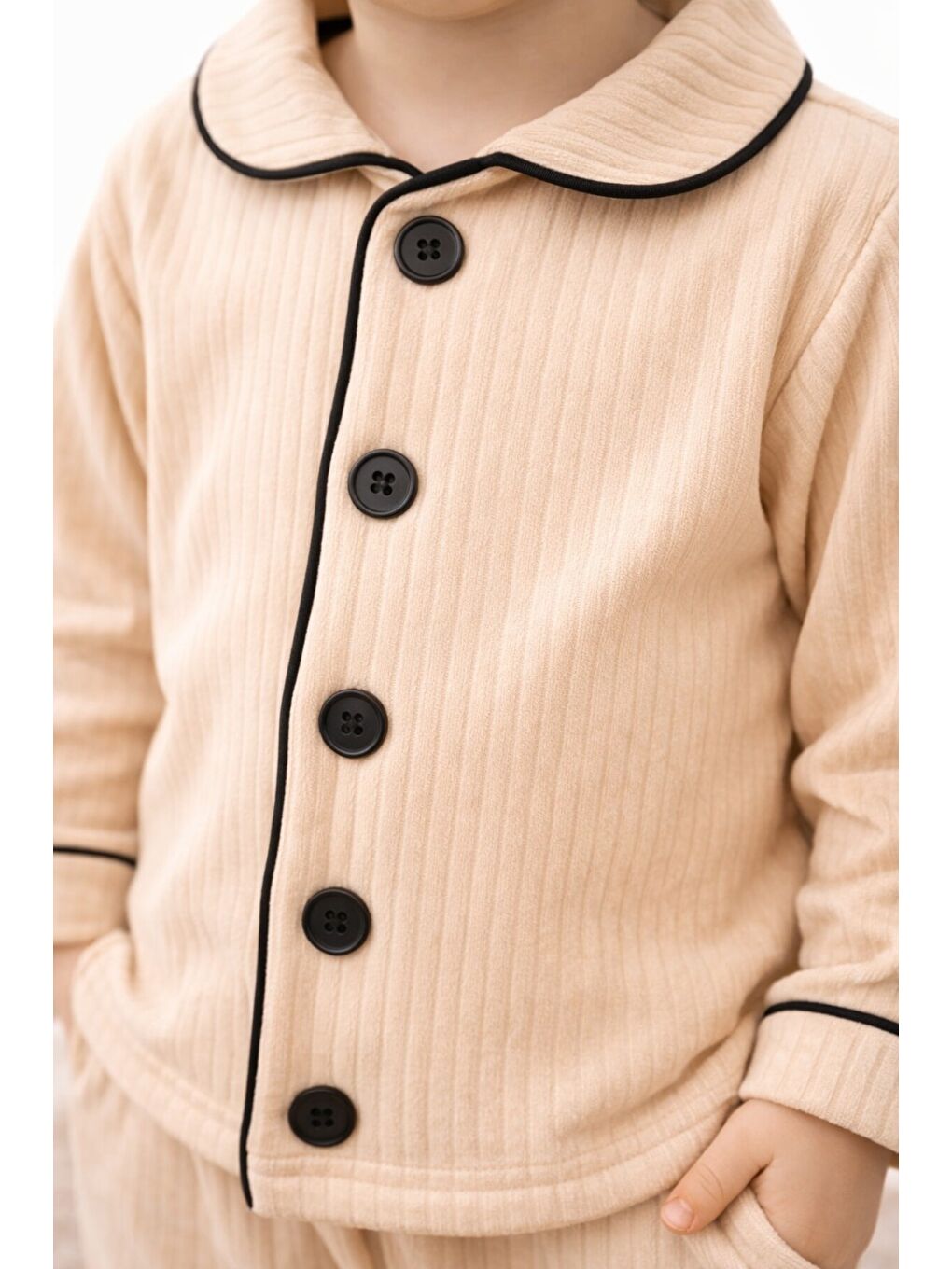 Bej Bebek Düğmeli Pijama Takımı Yumuşak Kumaş Uzun Kollu-4