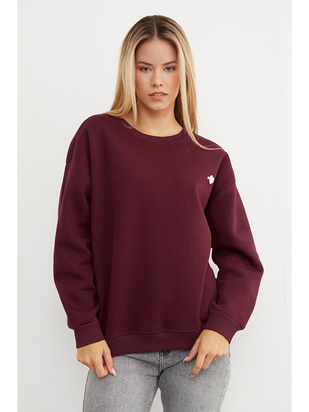 Bordo 3 İplik Kalp Baskılı Bisiklet Yaka Sweatshirt-1