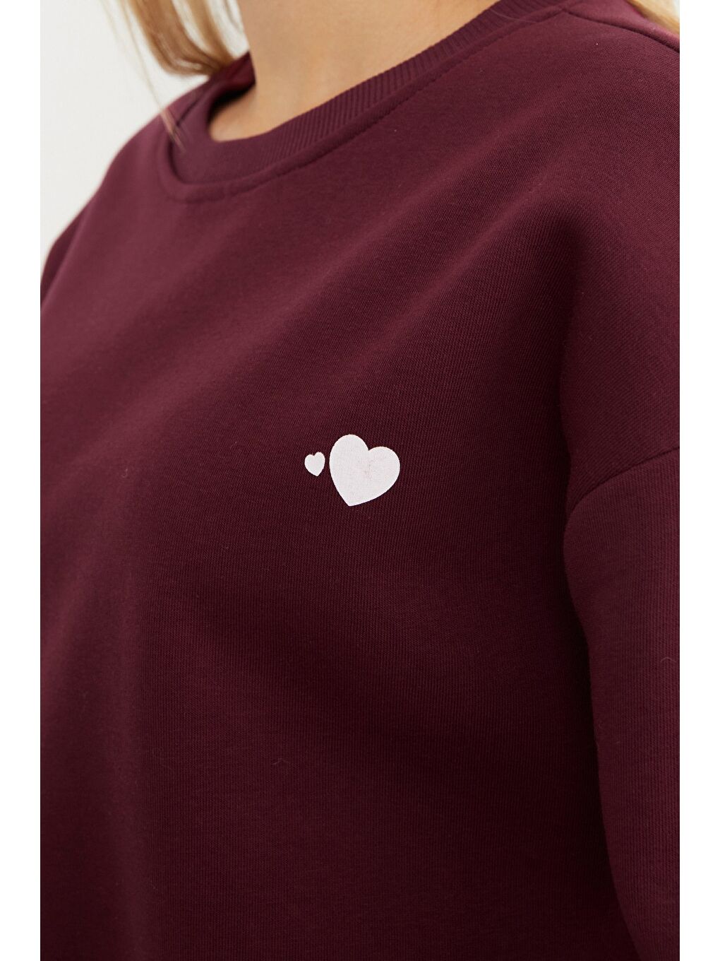 Bordo 3 İplik Kalp Baskılı Bisiklet Yaka Sweatshirt-3