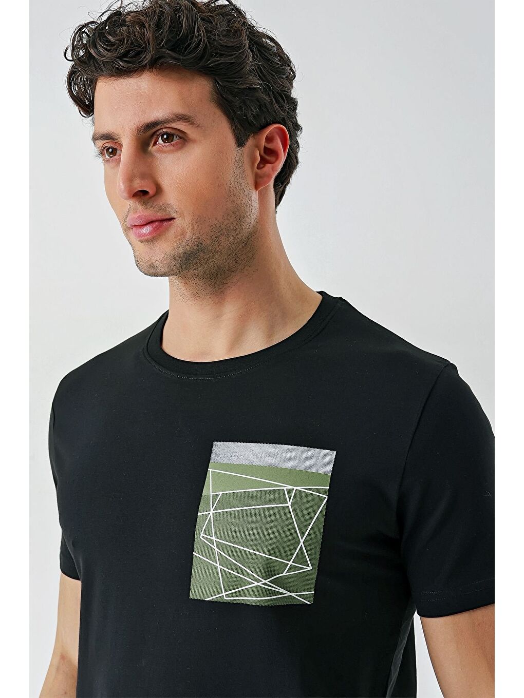 Siyah Baskılı Bez Ayağı Bisiklet Yaka %100 Pamuk Casual Slim Fit Dar Kesim Tişört 1011240169-1