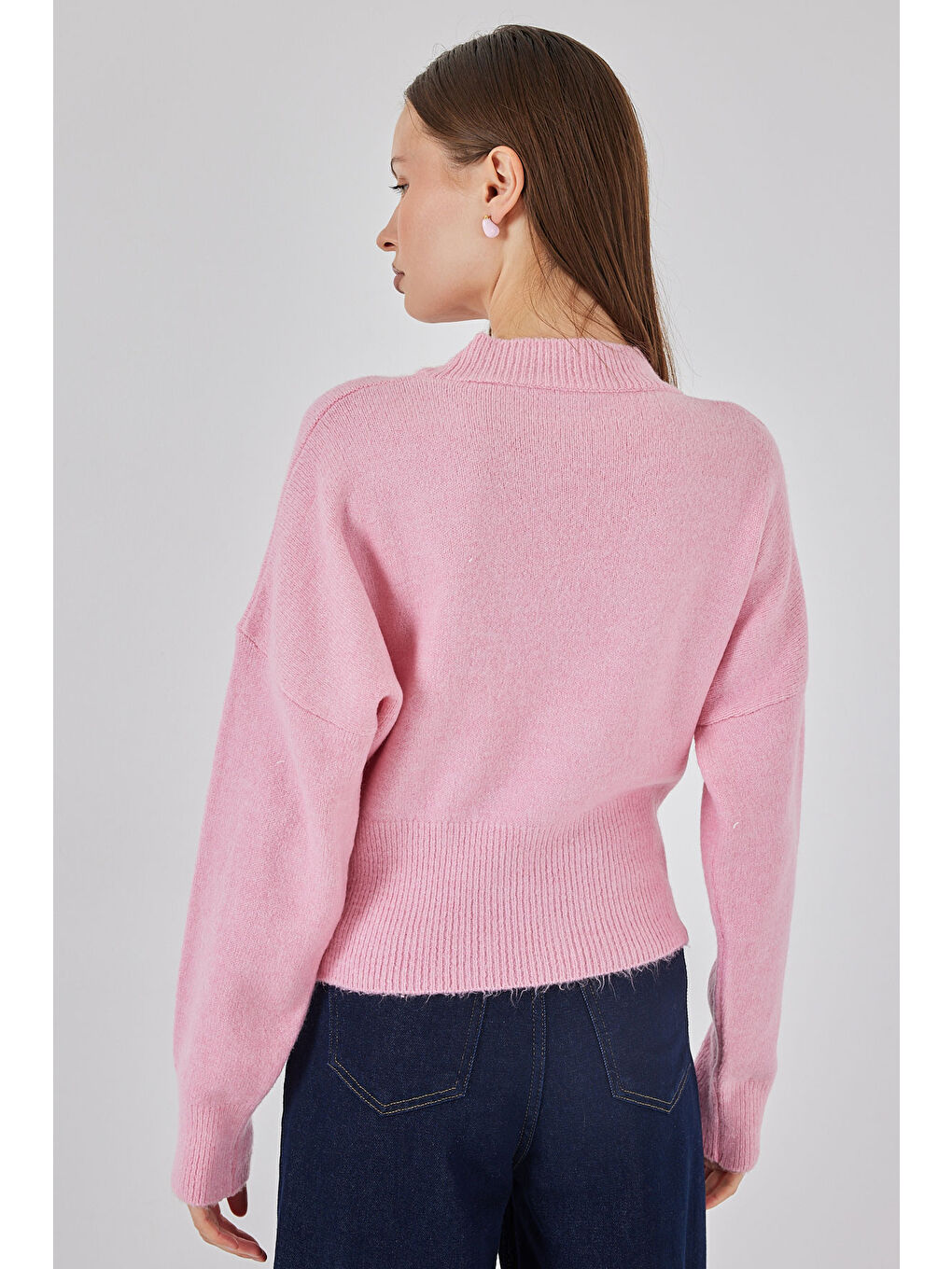 Kadın Fermuarlı Triko Kazak 15937 - Pembe-5
