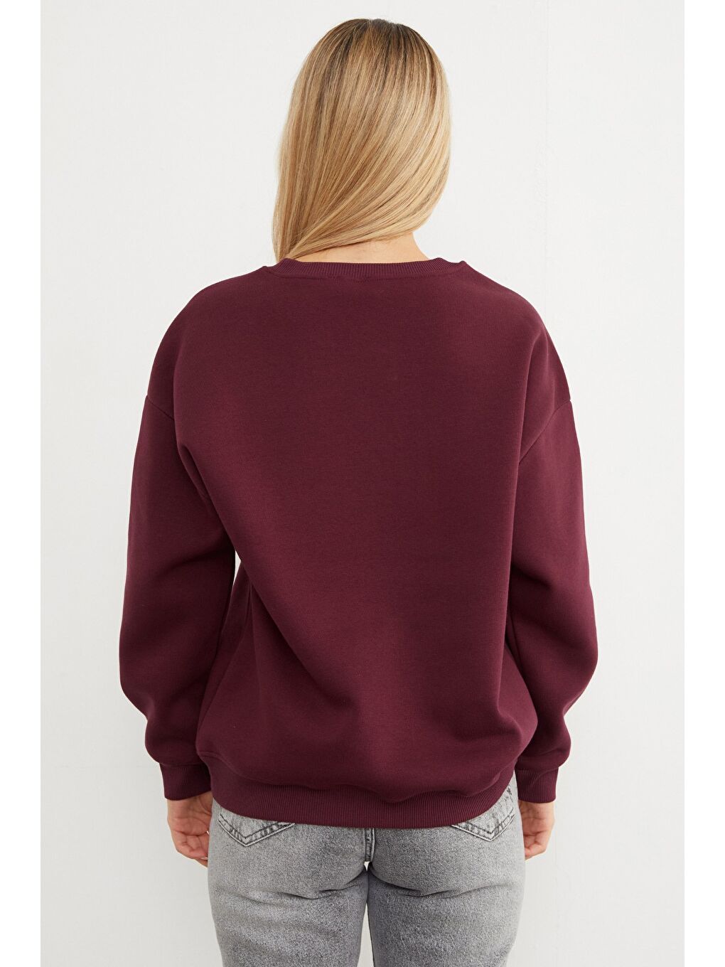 Bordo 3 İplik Kalp Baskılı Bisiklet Yaka Sweatshirt-4