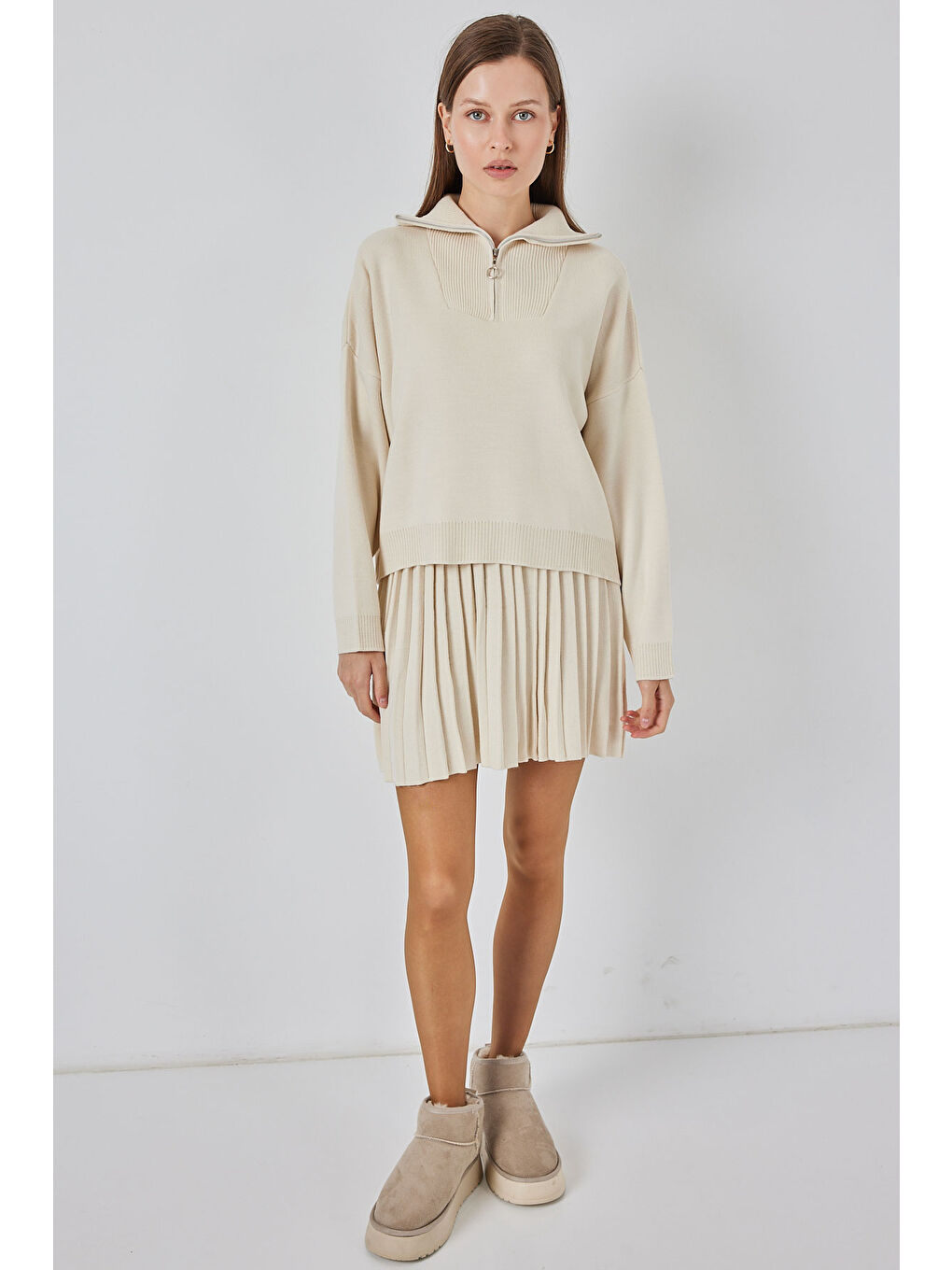 Kadın Kazak Etek İkili Takım 15938 - Ekru-1