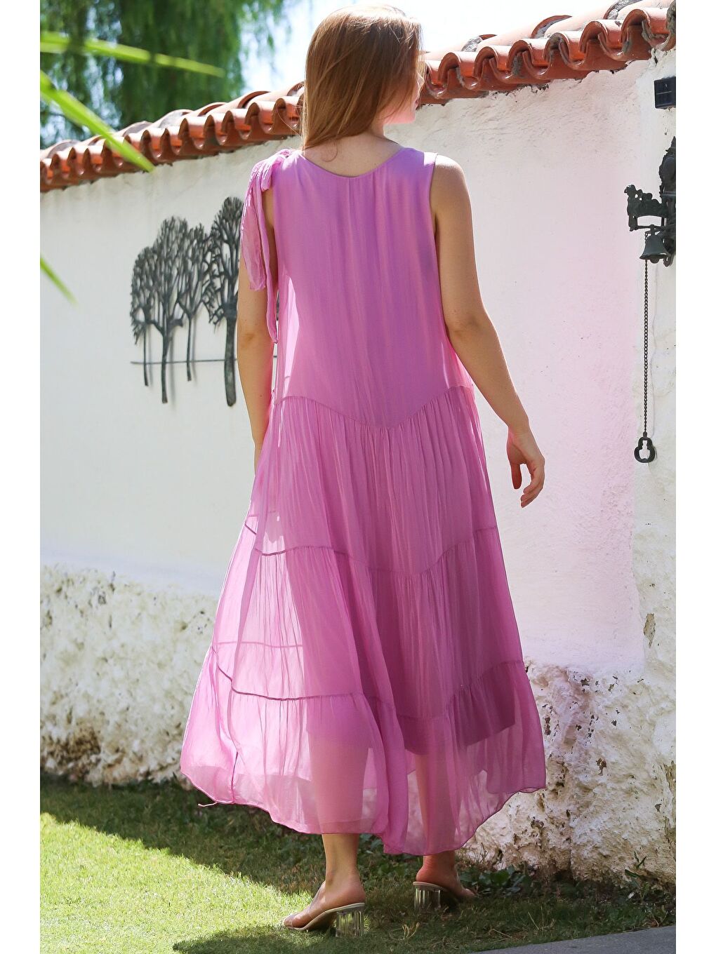 Lila İtalyan Lavanta Pembesi Havuz Yaka Kolsuz Bağlamalı Astarlı Casual İpek Dokuma Elbise 130 65-2