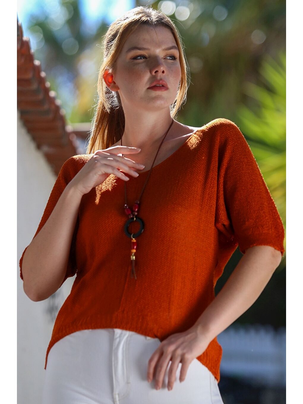 Turuncu V Yaka 3/4 Kol İnce Arkası Uzun Crop Fit Triko Bluz 50 60