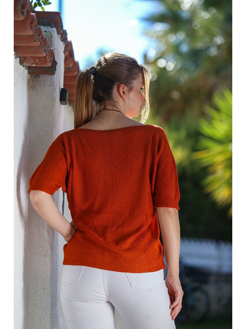 Turuncu V Yaka 3/4 Kol İnce Arkası Uzun Crop Fit Triko Bluz 50 60-1