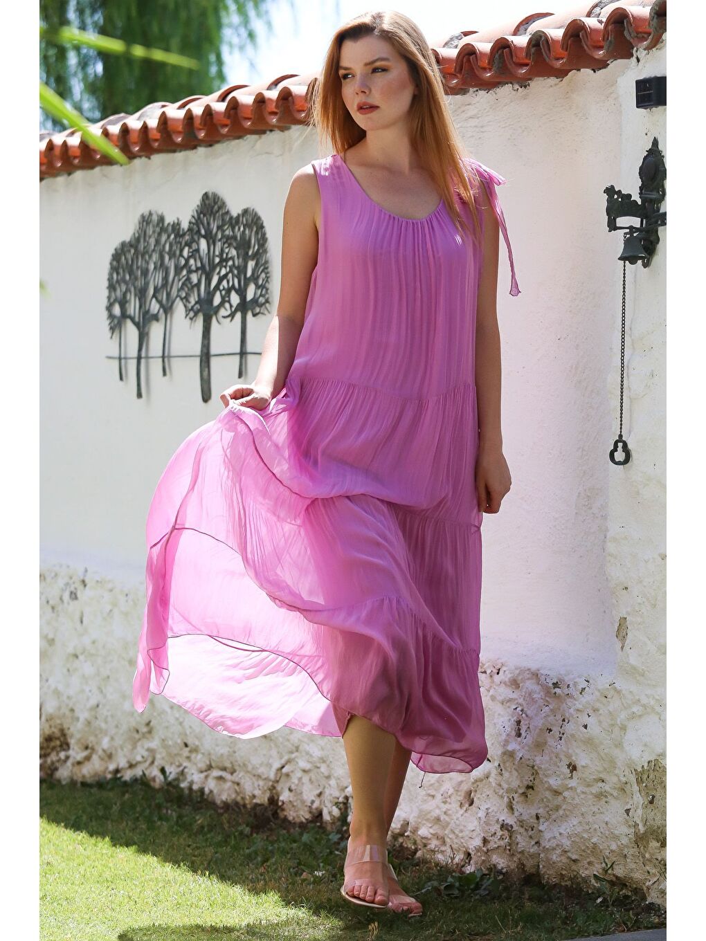 Lila İtalyan Lavanta Pembesi Havuz Yaka Kolsuz Bağlamalı Astarlı Casual İpek Dokuma Elbise 130 65-3