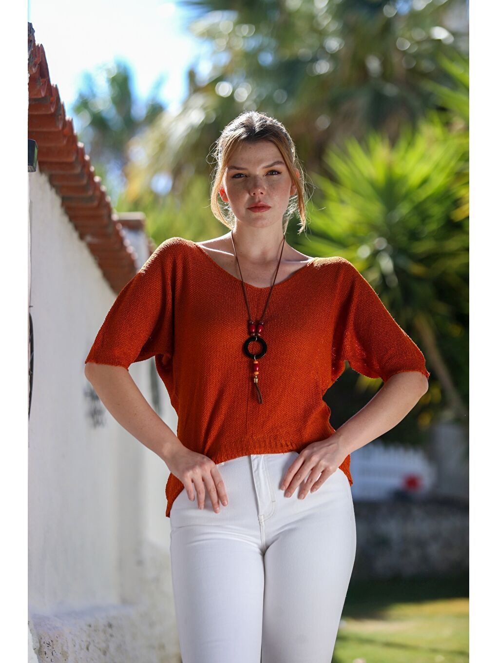 Turuncu V Yaka 3/4 Kol İnce Arkası Uzun Crop Fit Triko Bluz 50 60-2