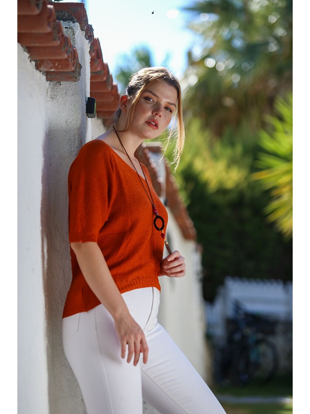 Turuncu V Yaka 3/4 Kol İnce Arkası Uzun Crop Fit Triko Bluz 50 60-3