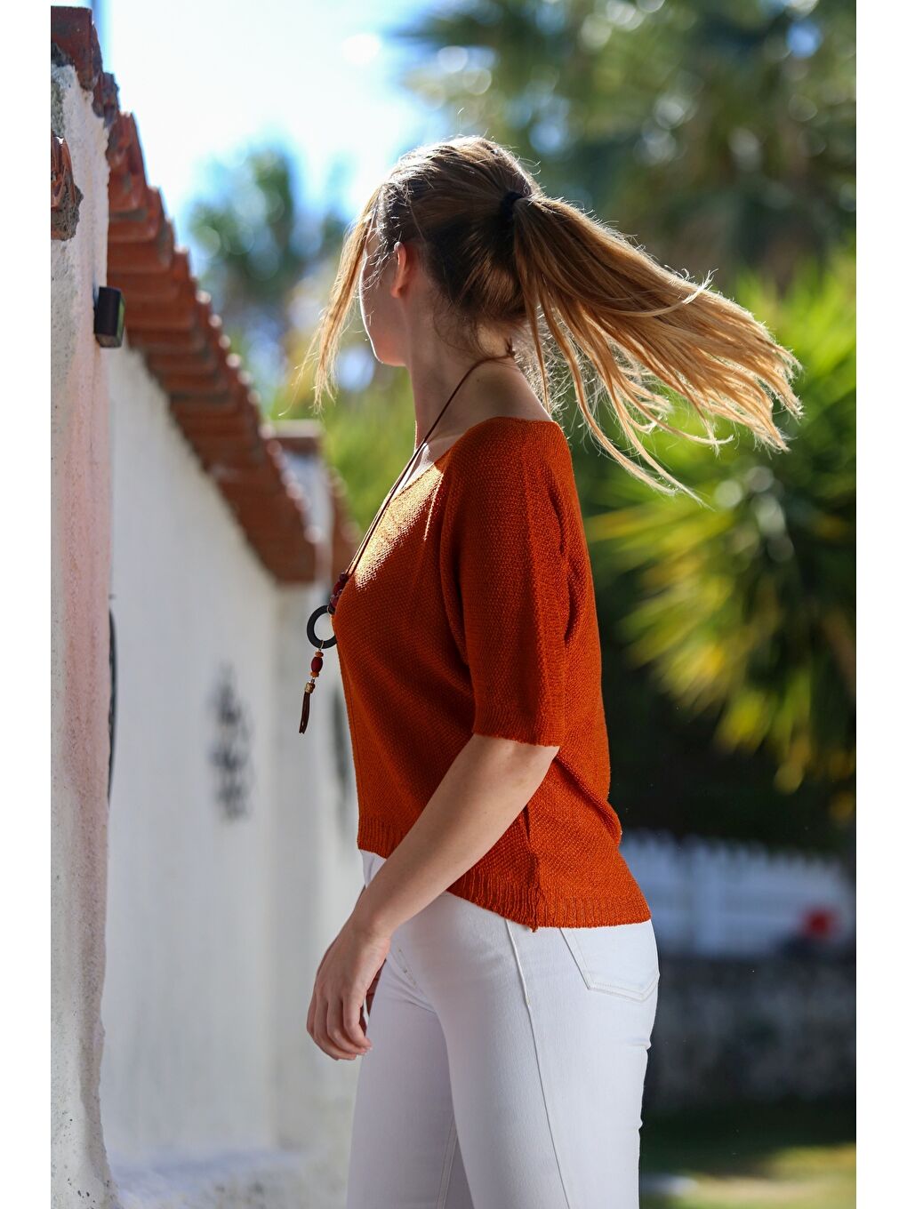 Turuncu V Yaka 3/4 Kol İnce Arkası Uzun Crop Fit Triko Bluz 50 60-5