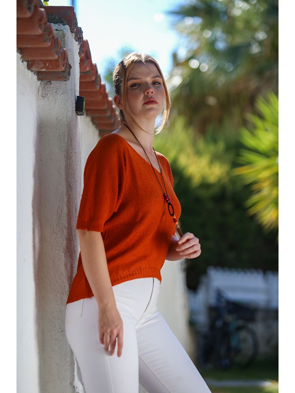 Turuncu V Yaka 3/4 Kol İnce Arkası Uzun Crop Fit Triko Bluz 50 60-6