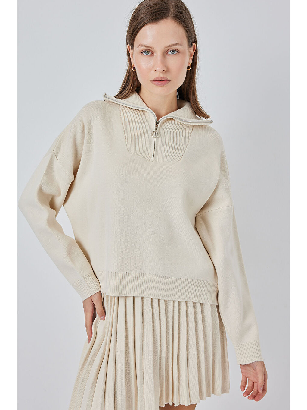 Kadın Kazak Etek İkili Takım 15938 - Ekru-3