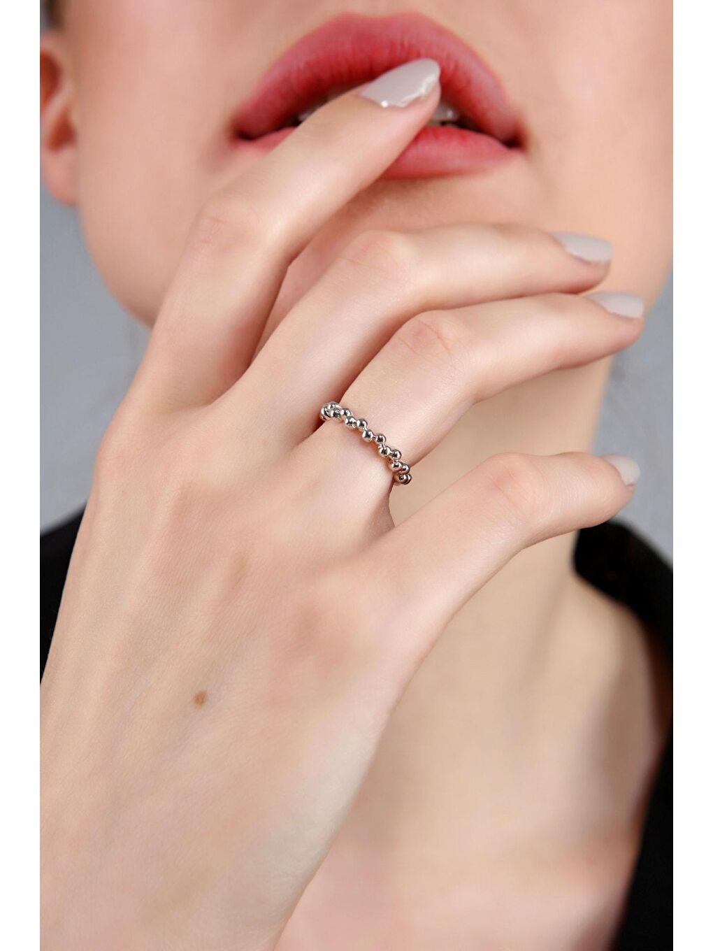 Gri Kadın Gümüş Kaplama Ince Bubble Yüzük (ayarlanabilir)-1