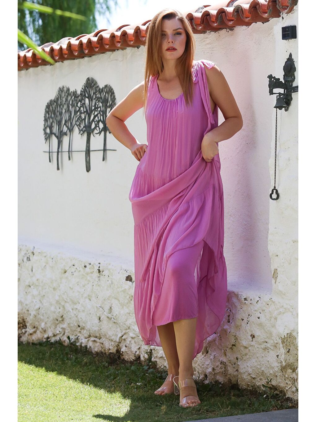 Lila İtalyan Lavanta Pembesi Havuz Yaka Kolsuz Bağlamalı Astarlı Casual İpek Dokuma Elbise 130 65-7