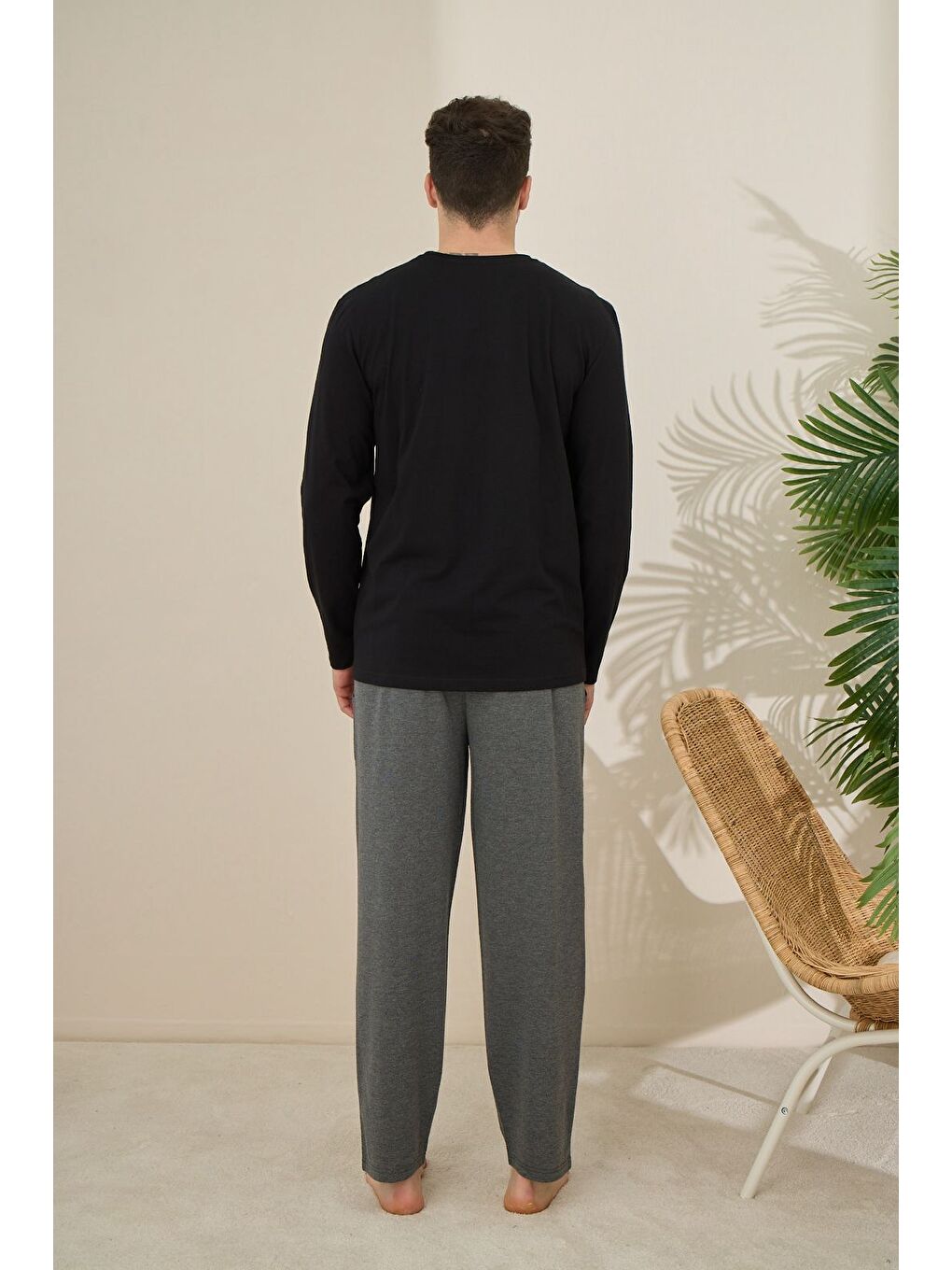 Siyah Erkek %100 Pamuk Uzun Kollu Baskılı Kaliteli Pijama Takımı-2