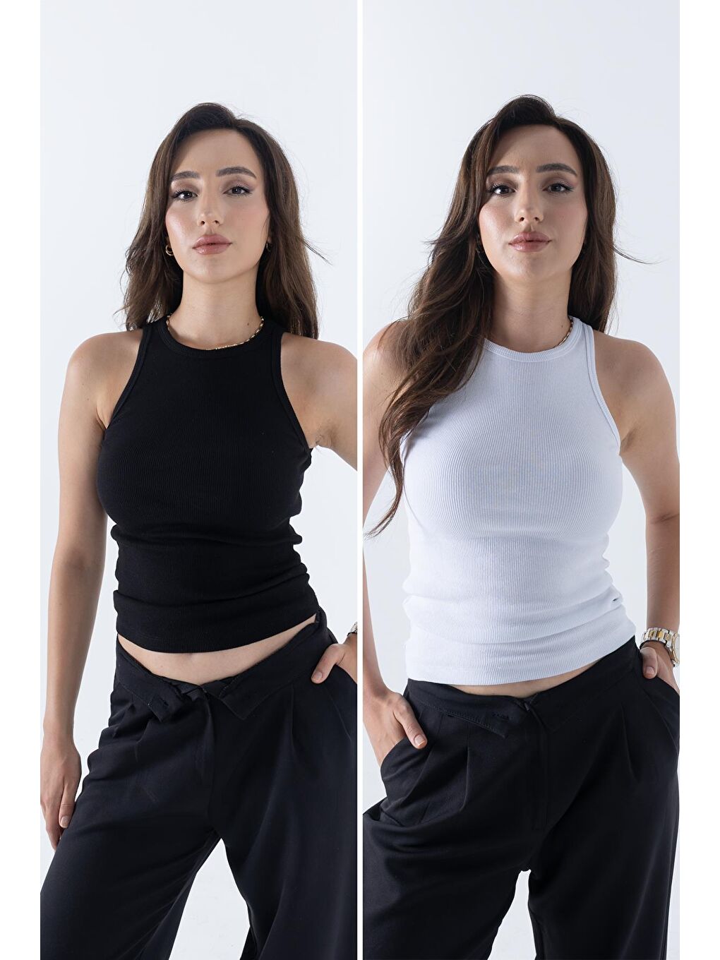 Fitilli Regular Fit Normal Kalıp Siyah-Beyaz Bisiklet Yaka Sıfır Kol Pamuklu 2'li Kadın Atlet