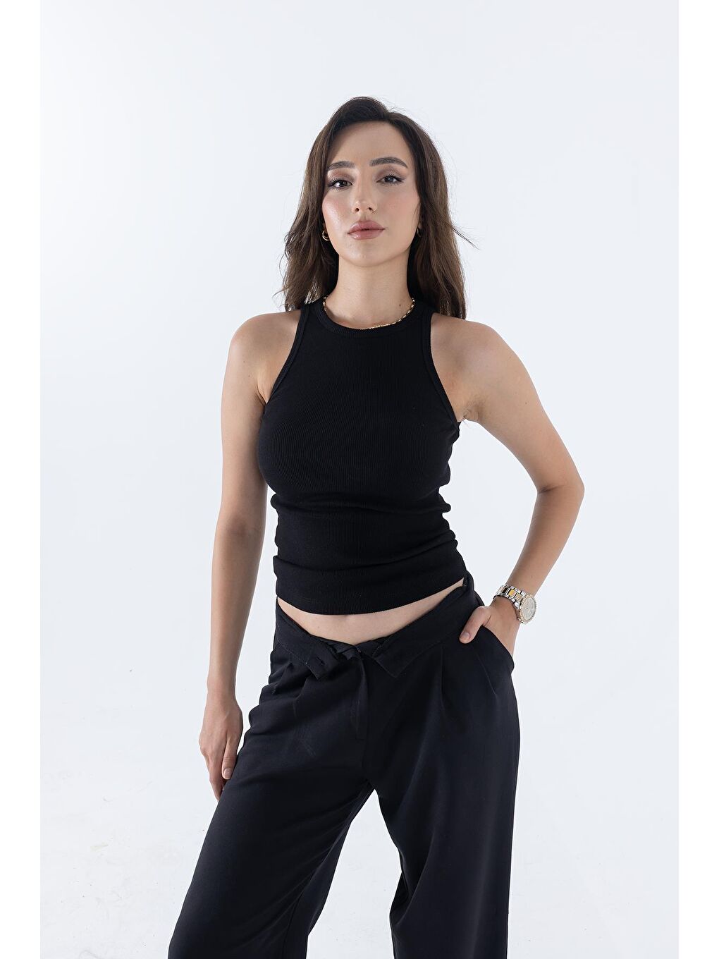 Fitilli Regular Fit Normal Kalıp Siyah-Beyaz Bisiklet Yaka Sıfır Kol Pamuklu 2'li Kadın Atlet-1