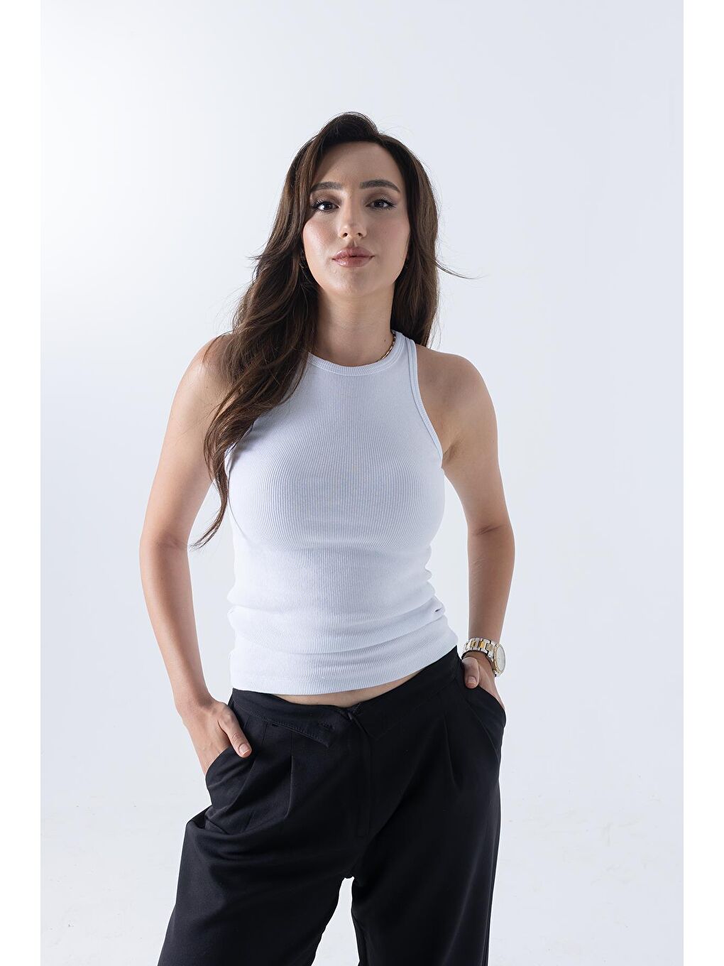 Fitilli Regular Fit Normal Kalıp Siyah-Beyaz Bisiklet Yaka Sıfır Kol Pamuklu 2'li Kadın Atlet-2